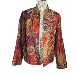 Chicos Silk Blend Embroidered Open Front Jacket Size 1 Brown‎ Red Boho Celestial